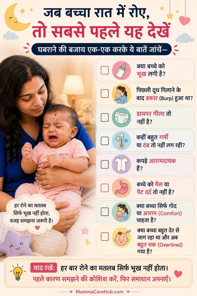 रात में रोते हुए बच्चे के कारण समझने की Checklist