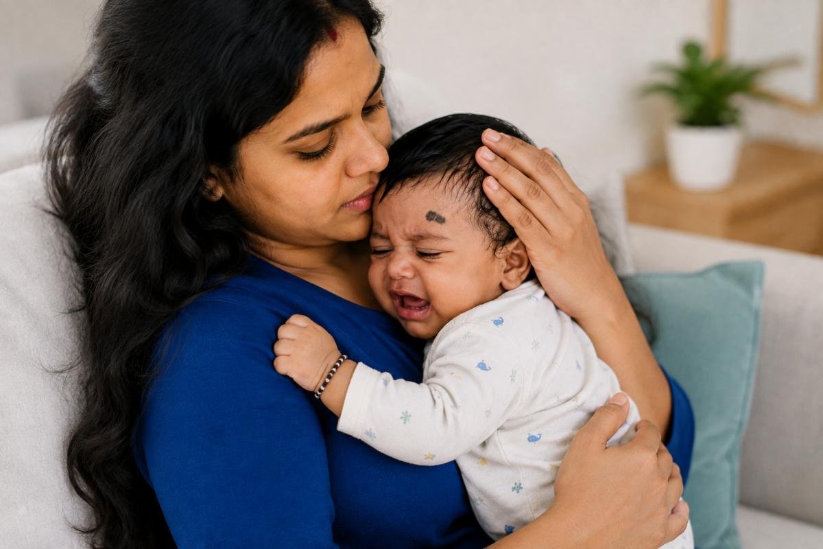 माँ नवजात बच्चे को गोद में लेकर शांत करते हुए