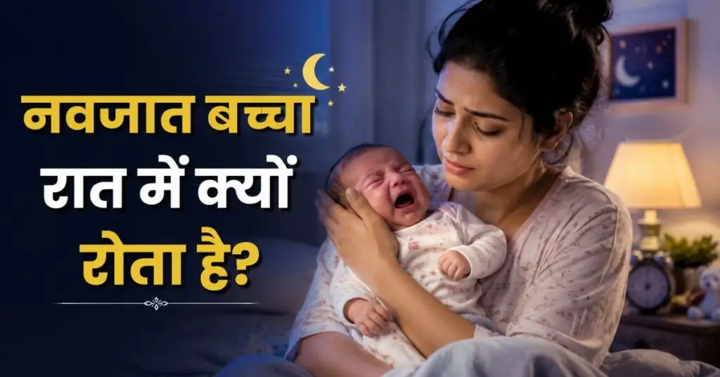 रात में रोते हुए नवजात बच्चे को गोद में शांत करती हुई माँ