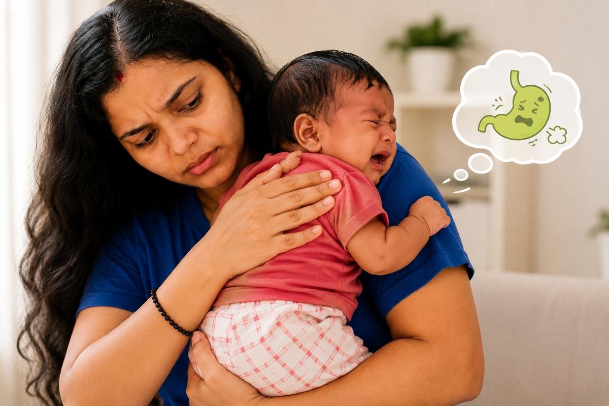 दूध पीने के बाद गैस से परेशान नवजात बच्चा माँ की गोद में