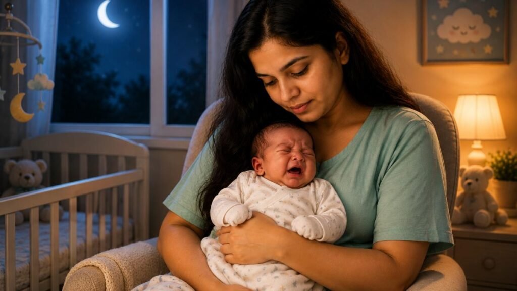 रात में रोते हुए नवजात बच्चे को गोद में लेकर शांत करती हुई माँ
