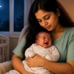 रात में रोते हुए नवजात बच्चे को गोद में लेकर शांत करती हुई माँ
