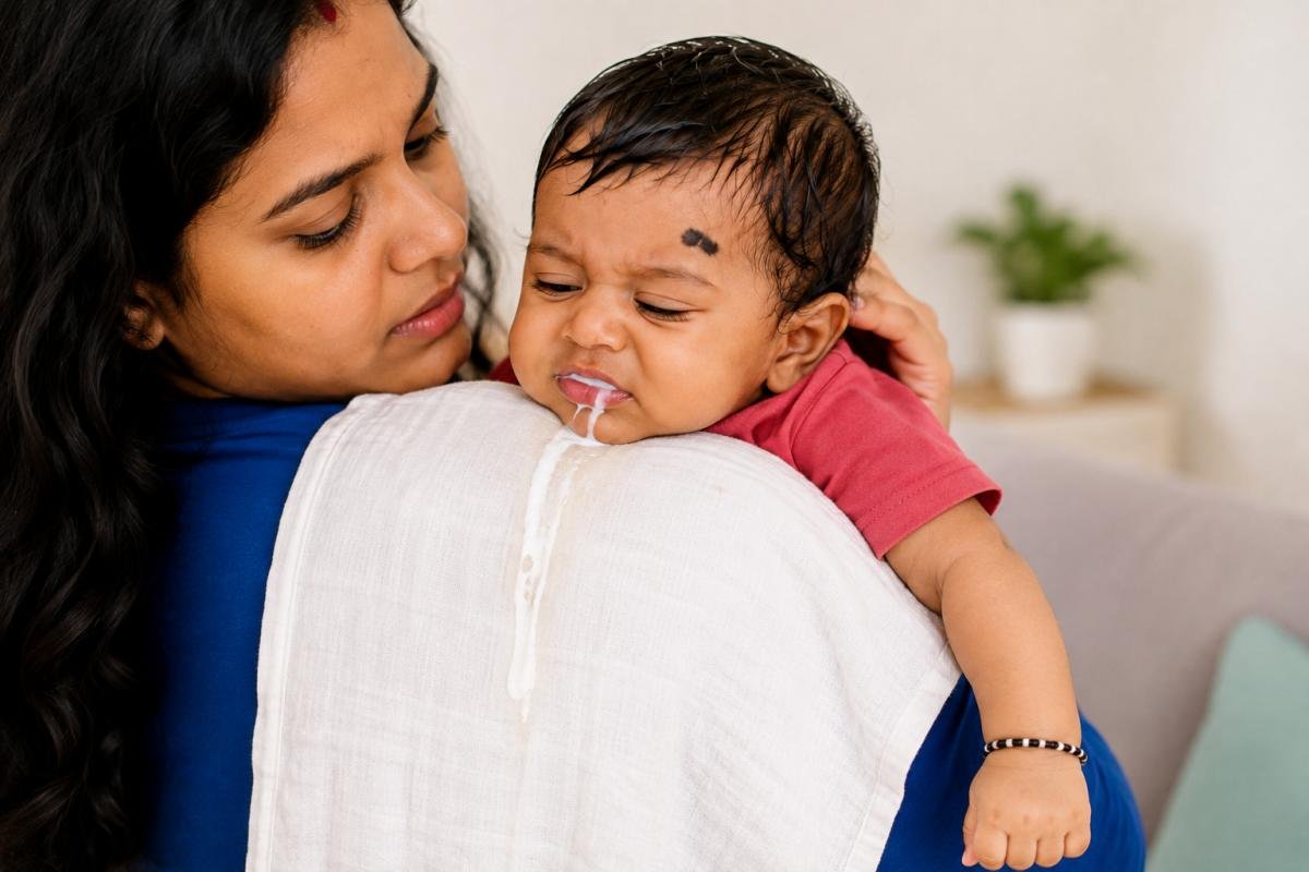 दूध पीने के बाद माँ की गोद में बेचैन नवजात बच्चा