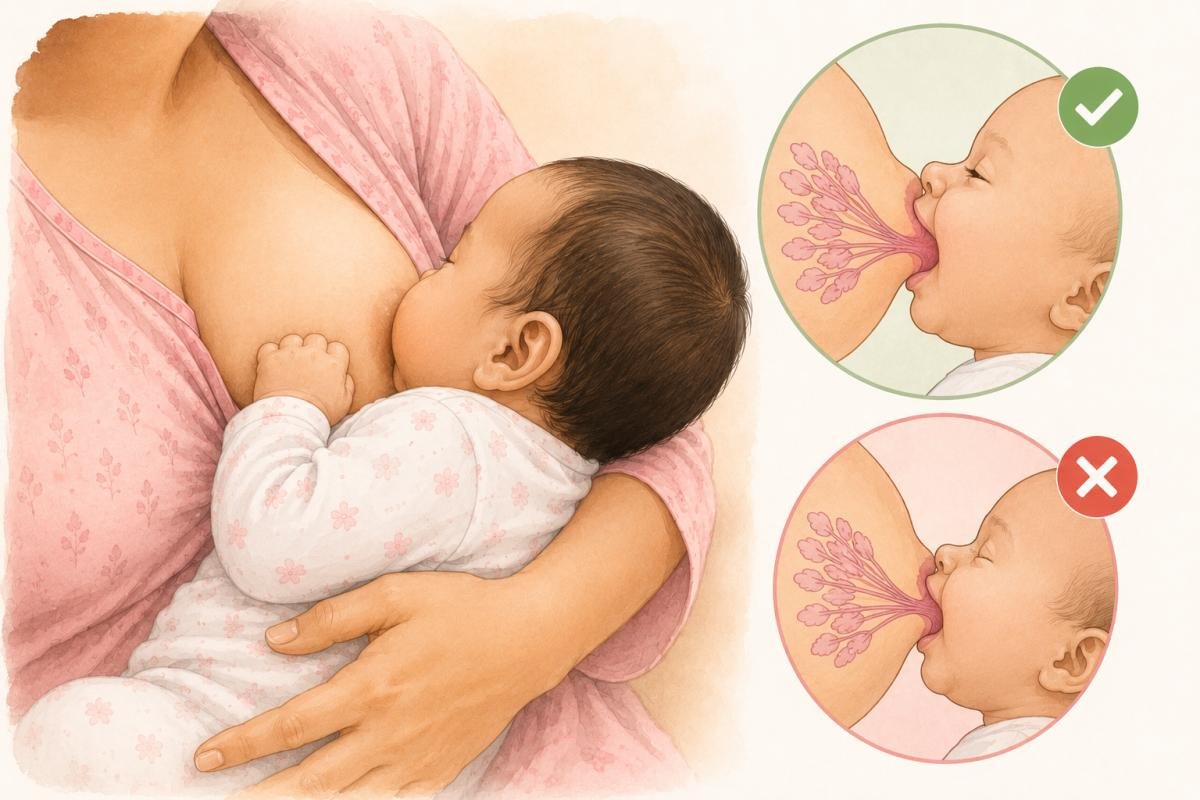 माँ नवजात बच्चे को सही Latch के साथ Breastfeeding कराते हुए