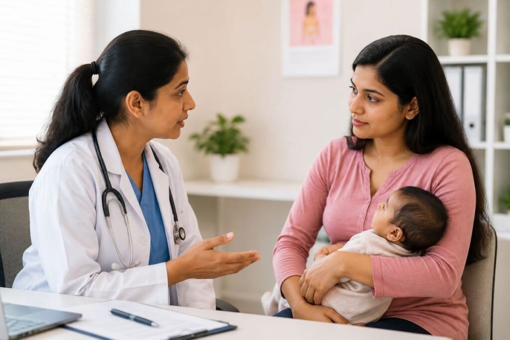 Breastfeeding के दौरान Doctor से सलाह लेती हुई नई माँ