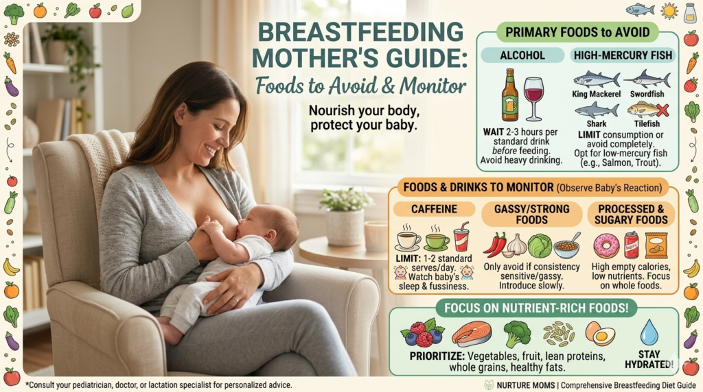 Breastfeeding कराने वाली माँ healthy food खाते हुए और baby को feed कराते हुए