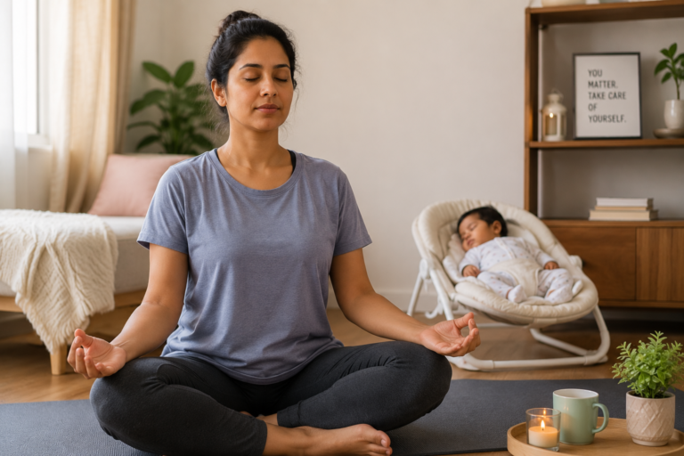 पोस्टपार्टम stress कम करने के लिए meditation करती हुई महिला