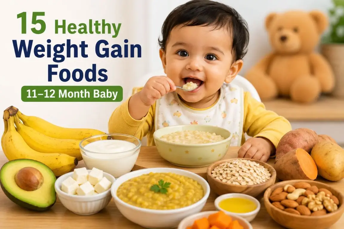 11-12 महीने का बच्चा healthy weight gain foods खाते हुए
