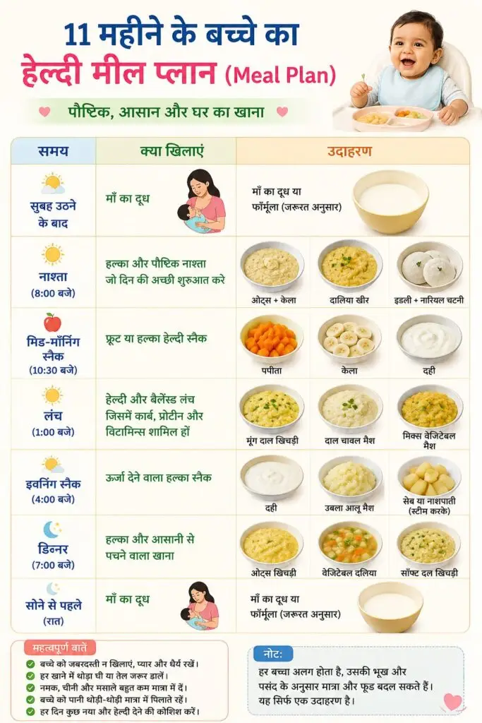 11 महीने के बच्चे के लिए breakfast lunch dinner और snack meal plan