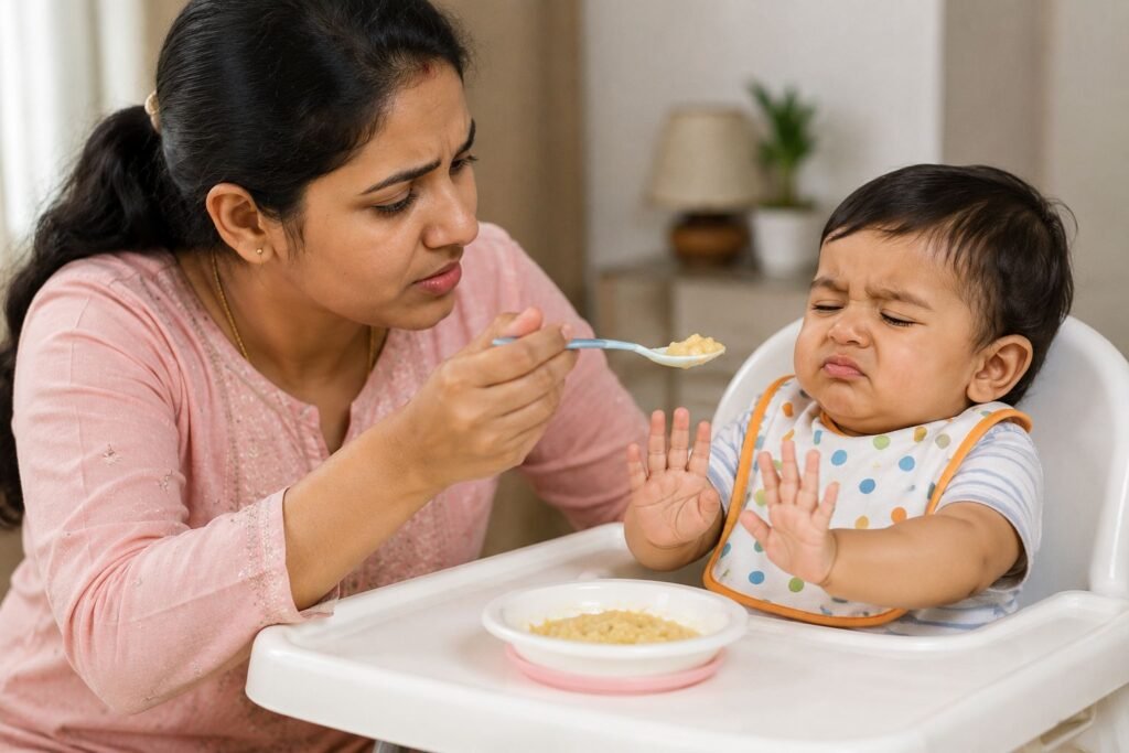 11 महीने का बच्चा खाना खाने से मना करता हुआ और माँ उसे प्यार से खिलाने की कोशिश करती हुई