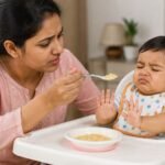 11 महीने का बच्चा खाना खाने से मना करता हुआ और माँ उसे प्यार से खिलाने की कोशिश करती हुई