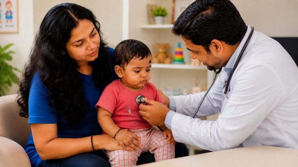 बच्चे के खाना न खाने पर pediatrician से सलाह लेती माँ