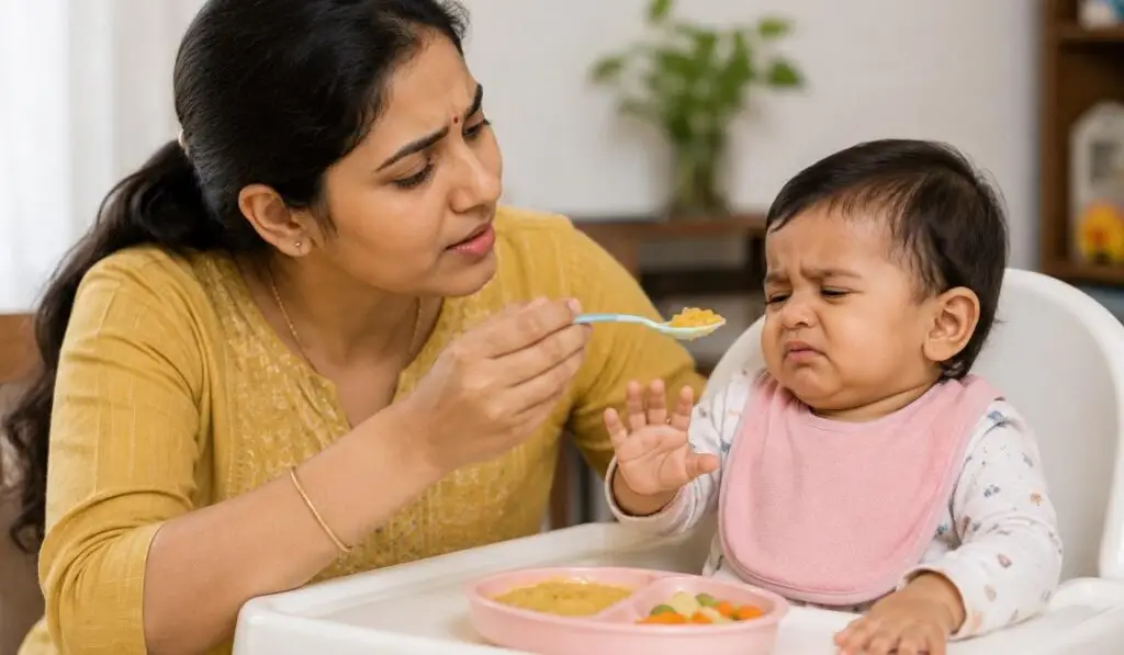 Indian mother 11 महीने के बच्चे को spoon से खाना खिलाने की कोशिश कर रही है लेकिन बच्चा खाना खाने से मना कर रहा है