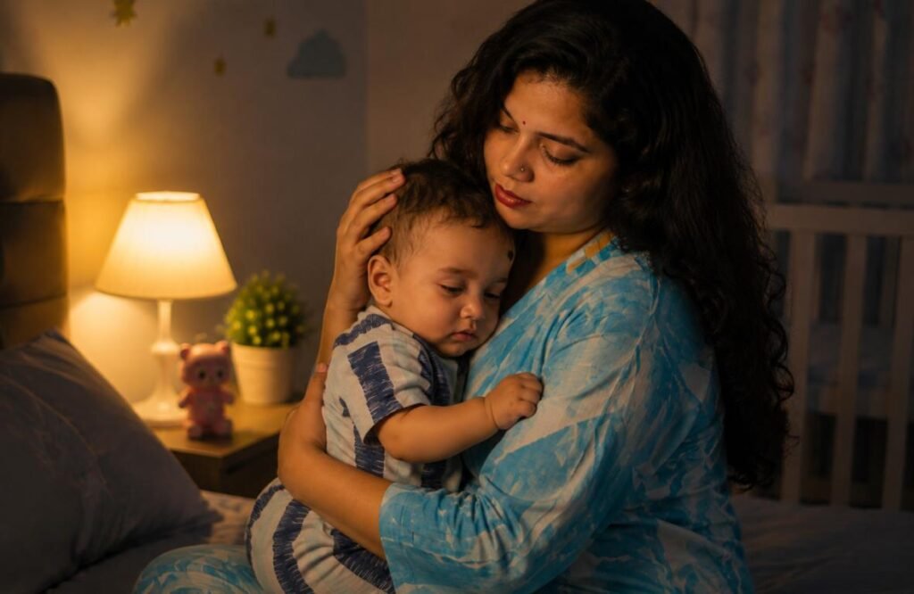 bedtime routine में माँ baby को cuddle करती हुई