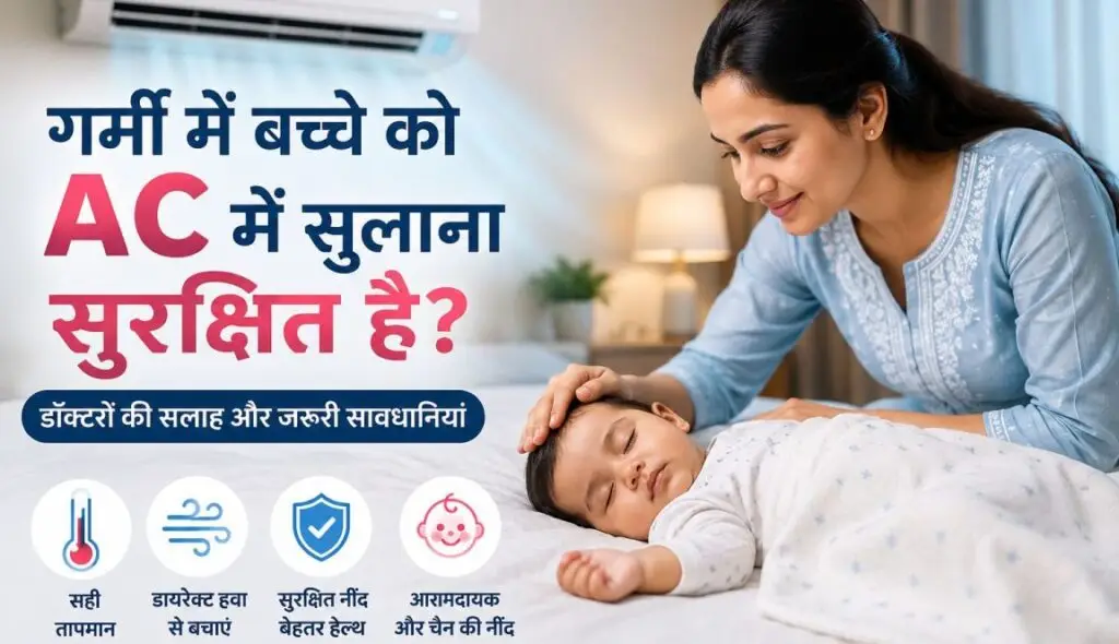 गर्मियों में AC कमरे में सुरक्षित रूप से सोता हुआ छोटा बच्चा और उसकी देखभाल करती माँ