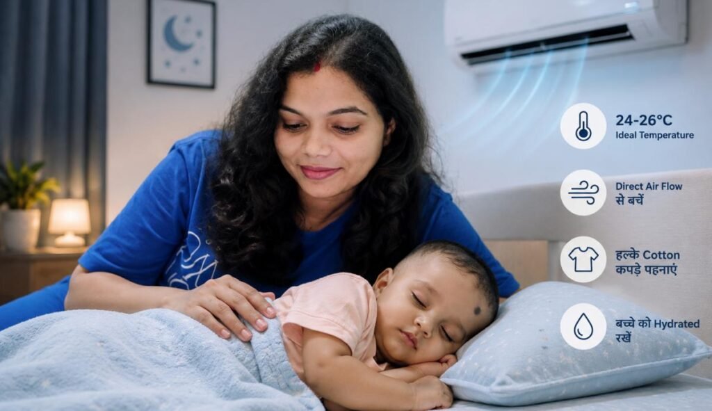 गर्मियों में AC कमरे में सुरक्षित और आराम से सोता हुआ छोटा बच्चा