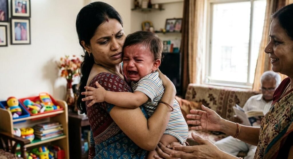 माँ से दूर होने पर रोता हुआ 11 महीने का बच्चा और separation anxiety के संकेत