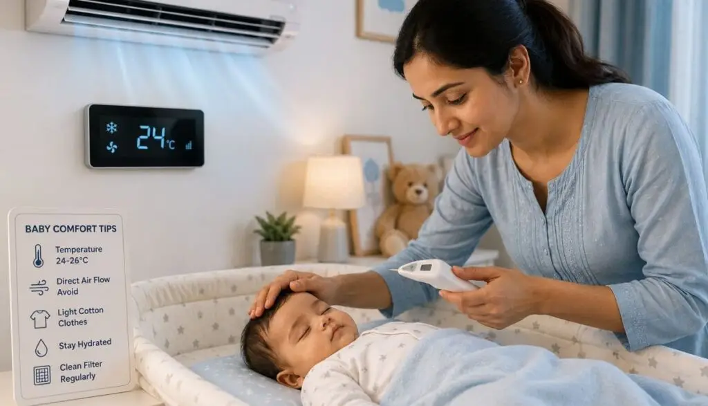 AC कमरे में सोते बच्चे की comfort और temperature check करती माँ