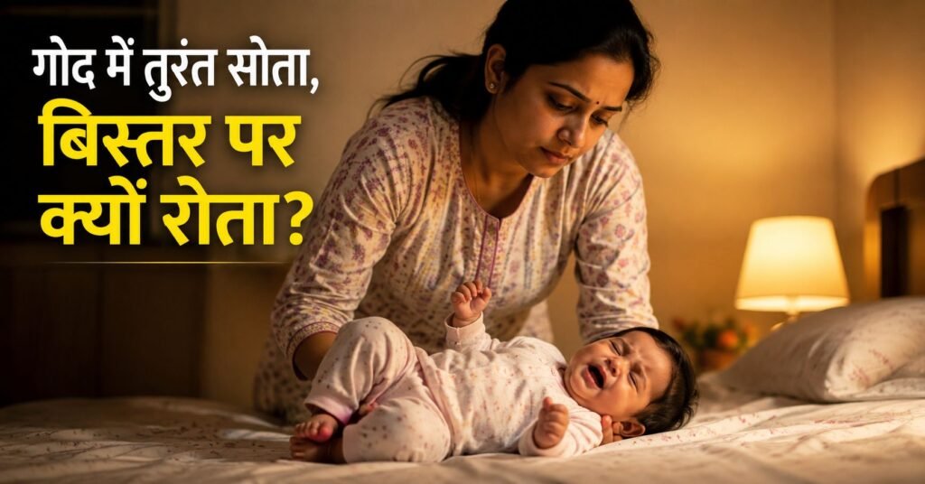 गोद में सोते बच्चे को बिस्तर पर रखते समय परेशान मां