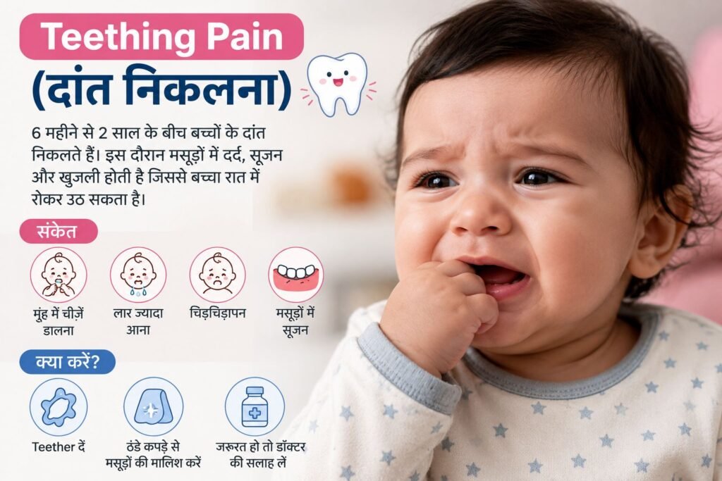 Teething pain से परेशान बच्चा