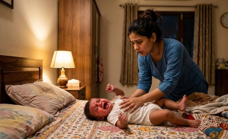 बिस्तर पर लिटाते ही रोते हुए बच्चे को संभालती हुई चिंतित भारतीय मां और बेबी स्लीप प्रॉब्लम्स