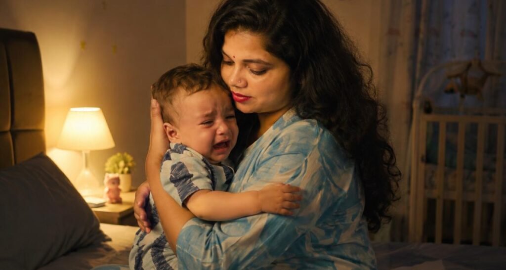रात में अचानक रोते हुए बच्चे को गोद में लेकर शांत करती माँ