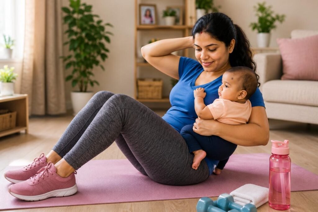 Breastfeeding Mother हल्की Exercise करती हुई