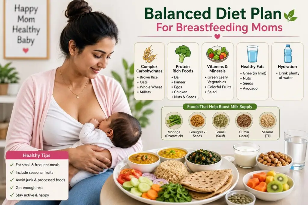 Breastfeeding कराने वाली माँ पौष्टिक भोजन और संतुलित डाइट का पालन करती हुई