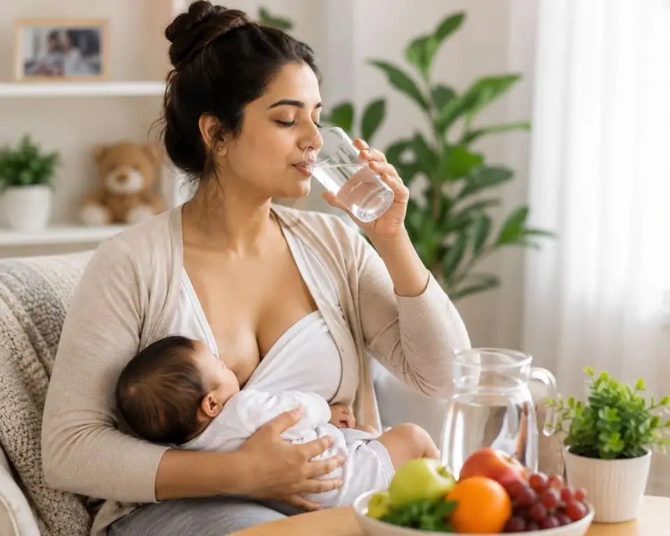 Breastfeeding कराने वाली माँ पर्याप्त पानी पीकर Hydration बनाए रखती हुई