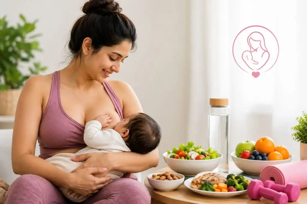 Breastfeeding कराने वाली माँ स्वस्थ जीवनशैली अपनाकर सुरक्षित तरीके से वजन कम करती हुई