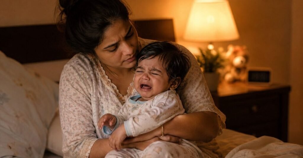 रात में रोते हुए बच्चे को गोद में लेकर चिंतित माँ
