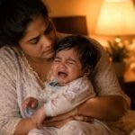 रात में रोते हुए बच्चे को गोद में लेकर चिंतित माँ