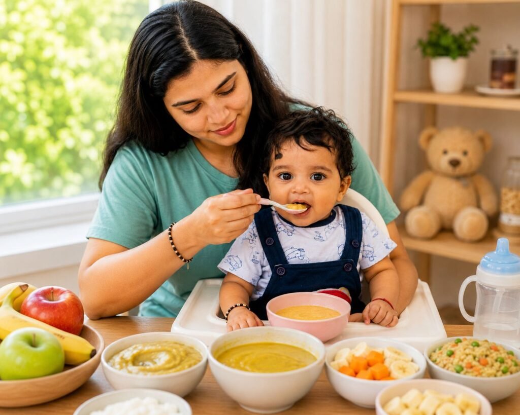 माँ बच्चे को पौष्टिक खाना खिलाते हुए