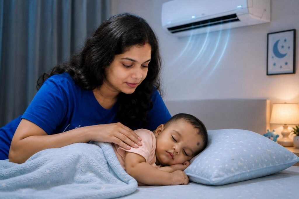 AC कमरे में सो रहे बच्चे की Chest और Temperature Check करती माँ