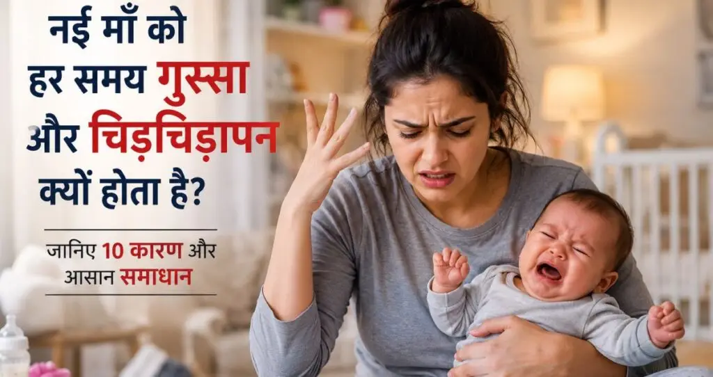 नई माँ बच्चे को गोद में लेकर थकी और चिड़चिड़ी महसूस कर रही है