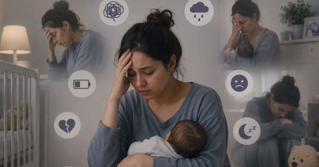 A new mother holding her baby while feeling sad, stressed, and emotionally overwhelmed, showing symptoms of postpartum depression after childbirth.