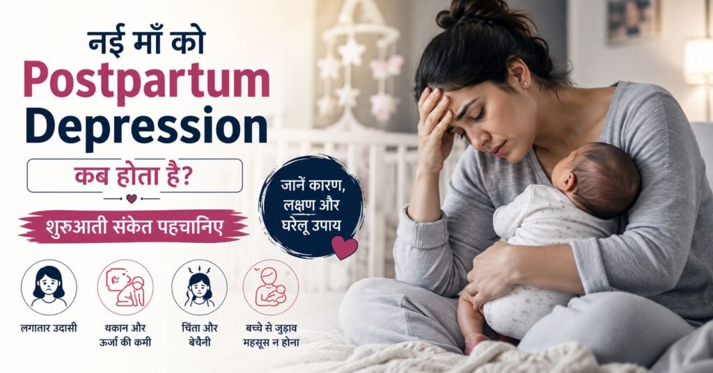 डिलीवरी के बाद चिंता, उदासी और थकान से जूझती नई माँ अपने बच्चे के साथ बैठी हुई।