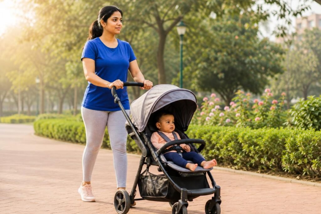 नई माँ Baby Stroller के साथ Walking करती हुई