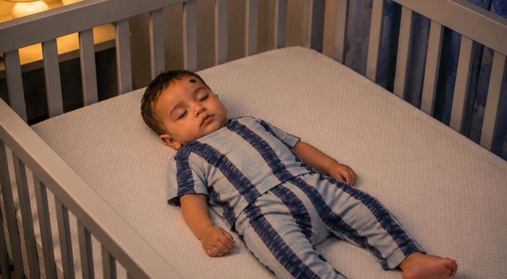 पीठ के बल firm और flat surface पर सुरक्षित तरीके से सोता baby