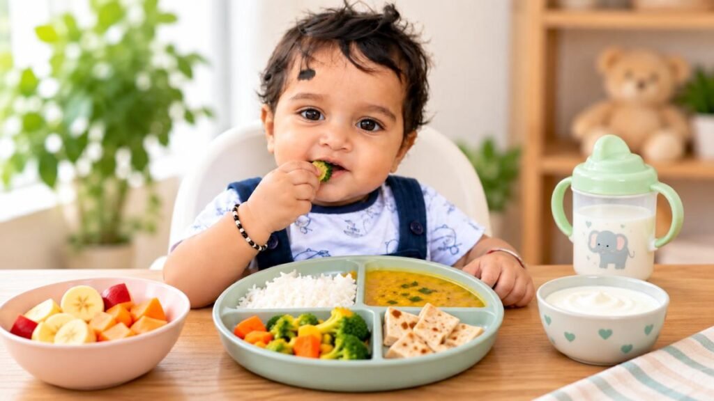 1 साल का बच्चा family food खाते हुए