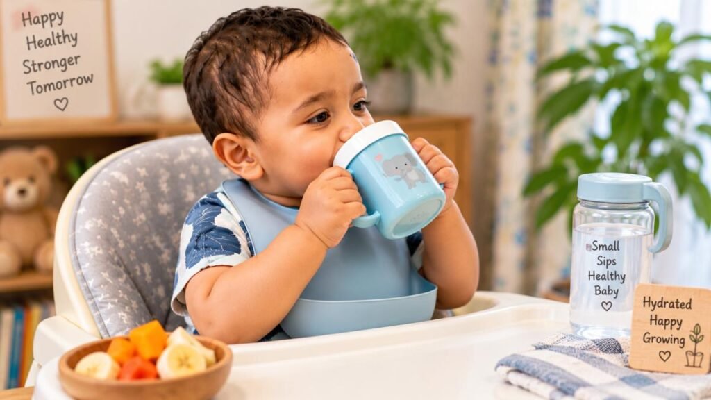 11 महीने का बच्चा cup से पानी पीता हुआ