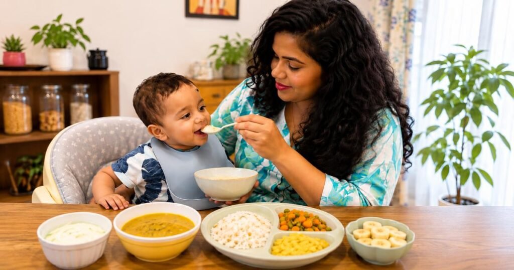 11 महीने का बच्चा माँ के साथ खाना खाता हुआ