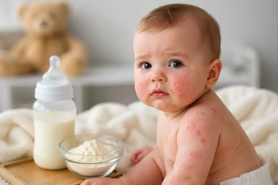 Milk Protein Allergy से पीड़ित बच्चे की त्वचा पर रैश और एलर्जी के लक्षण