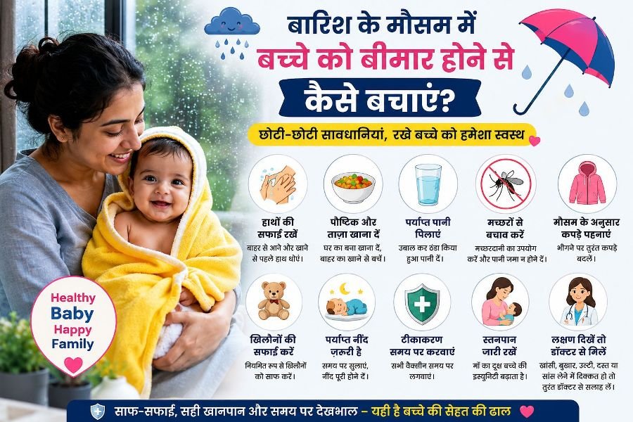 बारिश के मौसम में मां बच्चे को स्वस्थ और सुरक्षित रखने के लिए देखभाल करती हुई