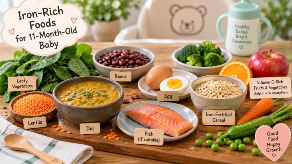 11 महीने के बच्चे के लिए iron-rich foods जैसे dal और egg