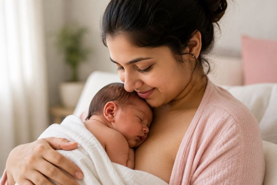माँ के सीने से लगा हुआ नवजात बच्चा