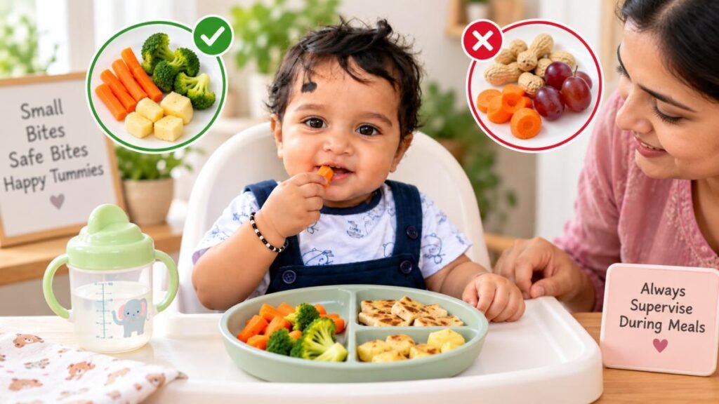 1 साल के बच्चे के लिए food को सुरक्षित size और texture में तैयार करना