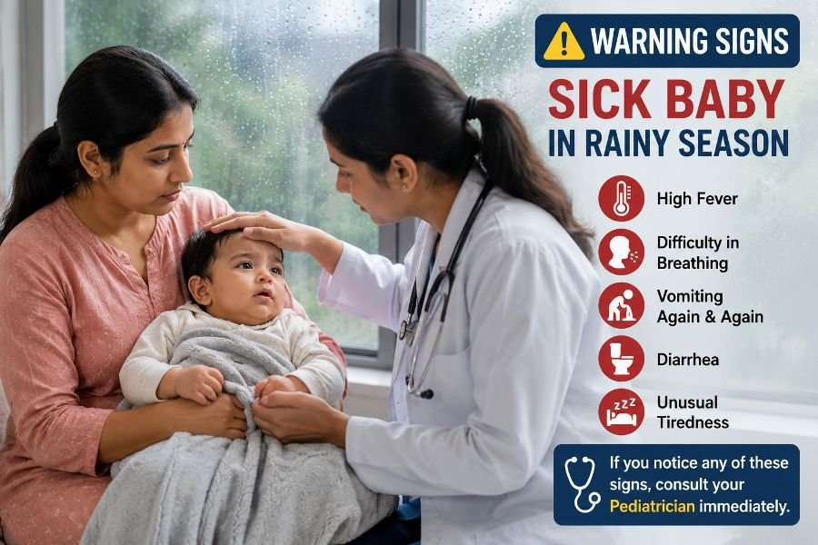 बारिश के मौसम में बीमार बच्चे की जांच करते हुए Pediatrician