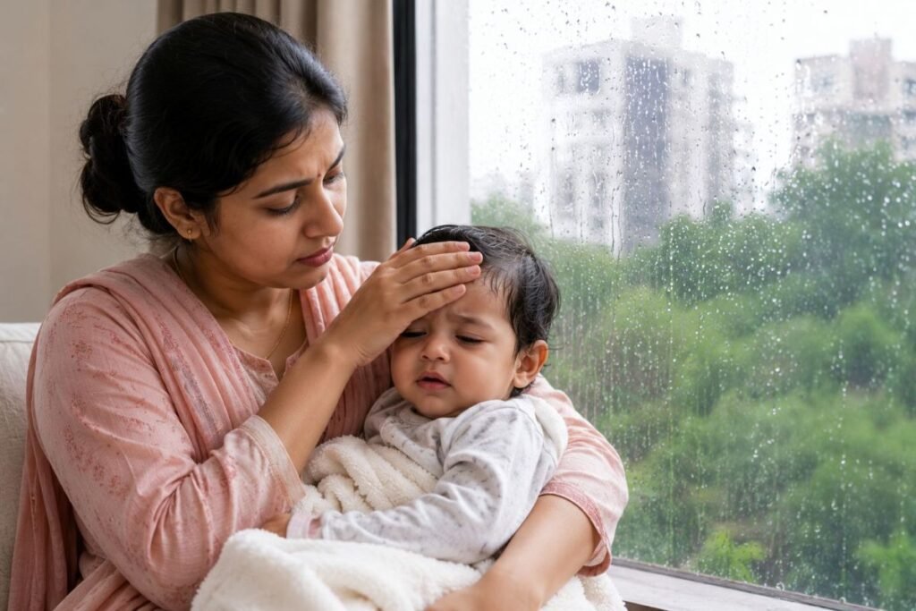 बारिश के मौसम में सर्दी और वायरल संक्रमण से परेशान छोटा बच्चा