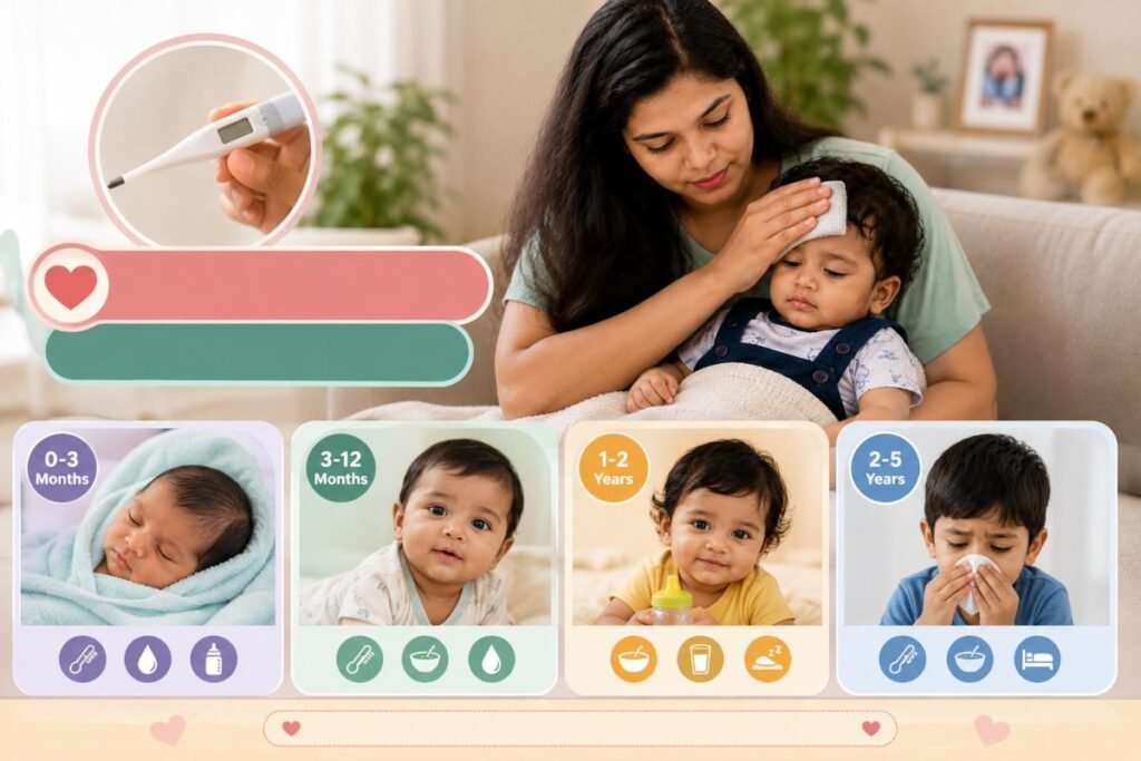 Newborn, 3 महीने, 1 साल और 2 साल के बच्चे में बुखार होने पर देखभाल